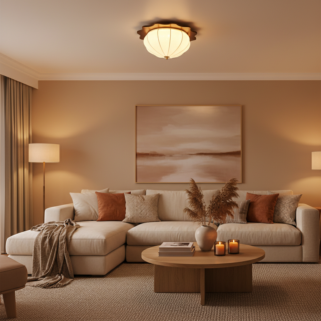 Minimalist Oak Wood Flush Mount Ceiling Light – Fabric Round LED Living Room Lamp