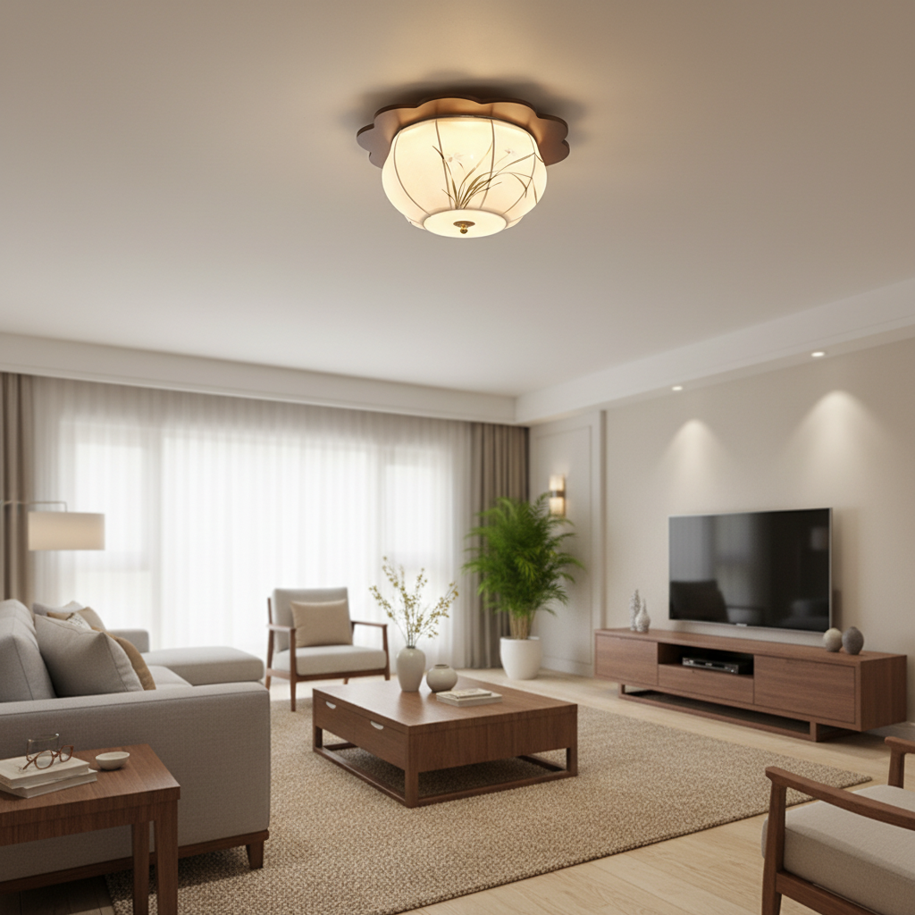 Chinese Floral Oak Wood Flush Mount Ceiling Light – Fabric Round Living Room Lamp
