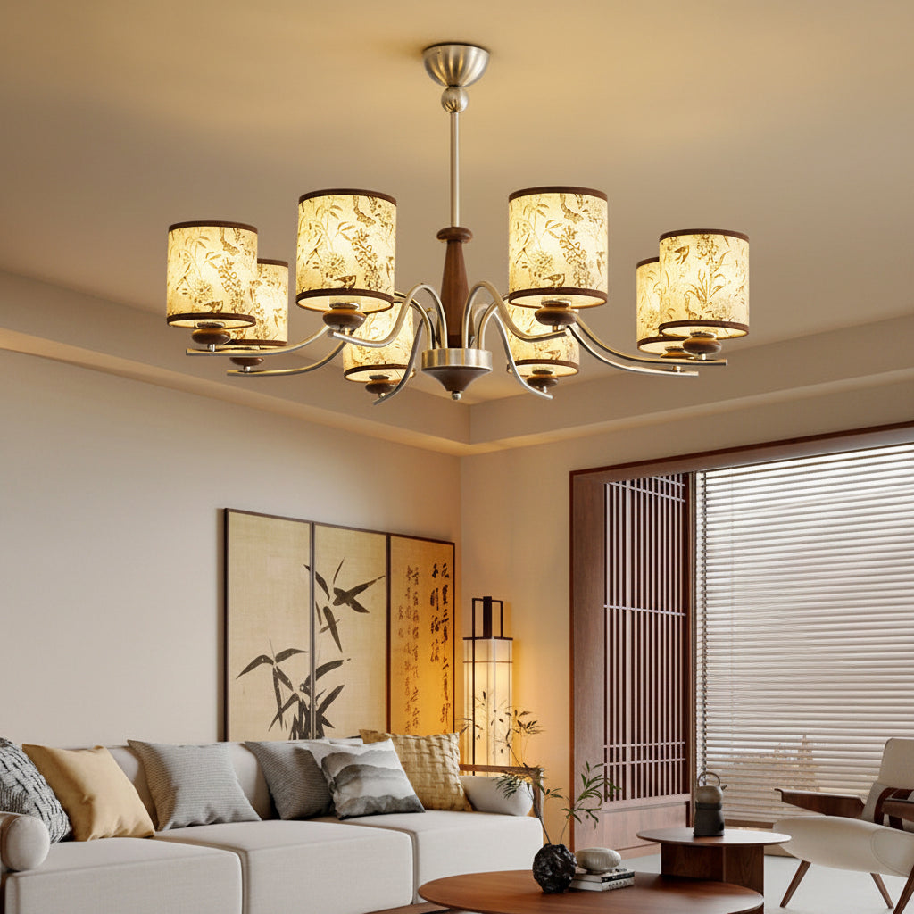 Retro Wood Chandelier 3-5-8 Light – Cylindrical Fabric Shade Living Room Fixture
