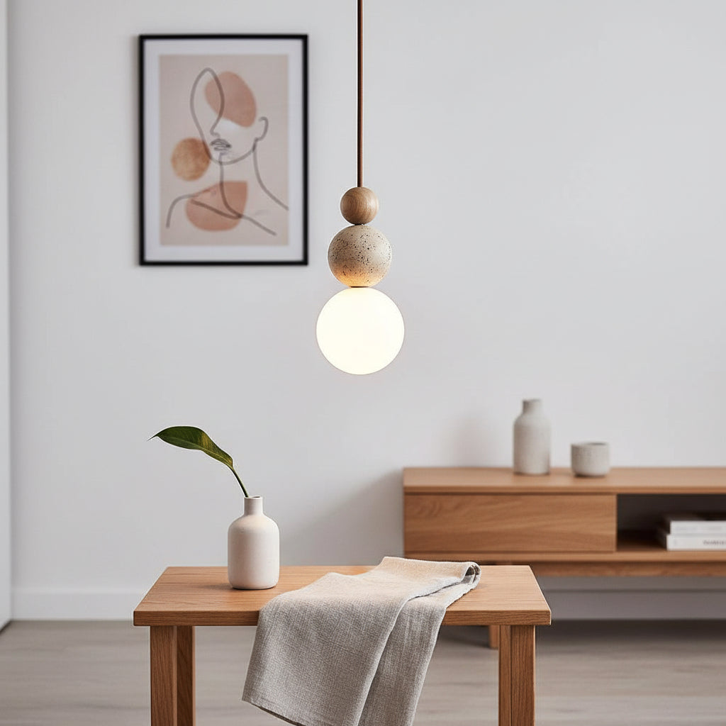 Japanese Wood Orb Pendant Light – Travertine Natural Stone Hanging Lamp