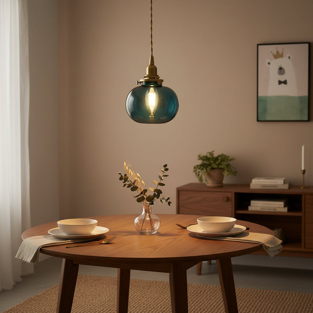 Japanese Brass Glass Pendant Light – Oval Bedroom Hanging Lamp