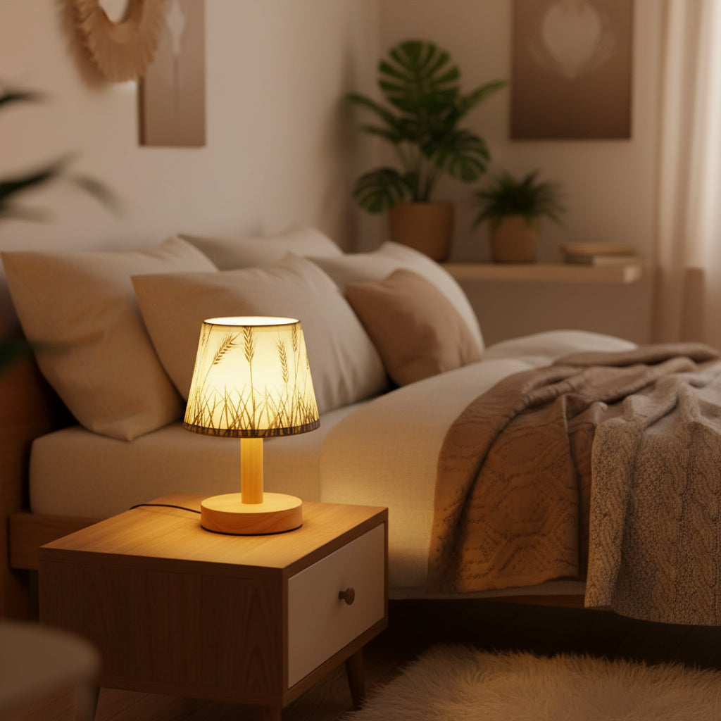 Vintage Linen Drum Table Lamp – Warm LED Bedside Lamp with Fabric Shade