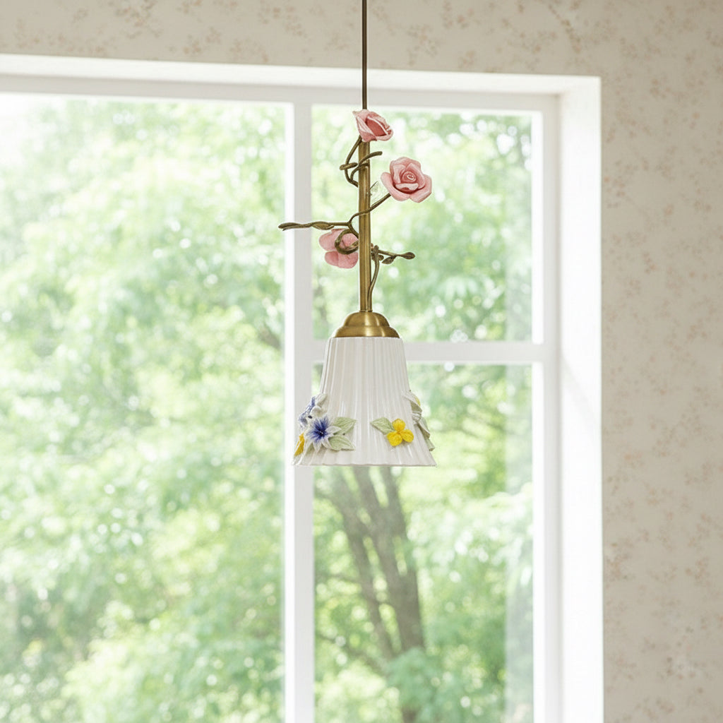 French Floral Ceramic Pendant Light – Romantic Iron Hanging Lamp for Bedroom