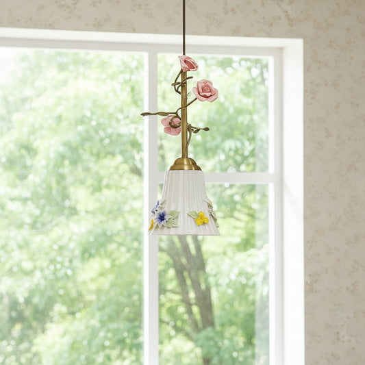 French Floral Ceramic Pendant Light – Romantic Iron Hanging Lamp for Bedroom