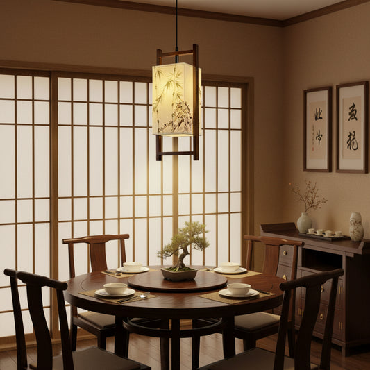 Chinese Fabric Lantern Pendant Light – Solid Wood Bamboo Print Dining Room Lamp