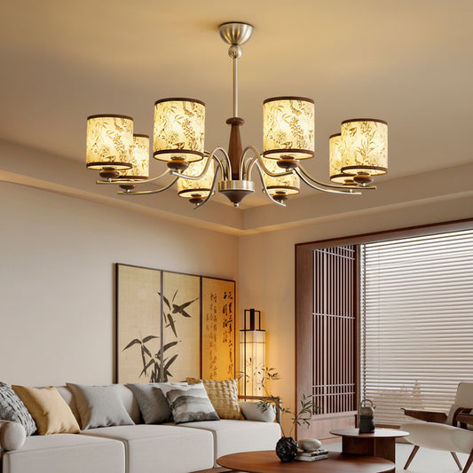 Retro Wood Chandelier 3-5-8 Light – Cylindrical Fabric Shade Living Room Fixture
