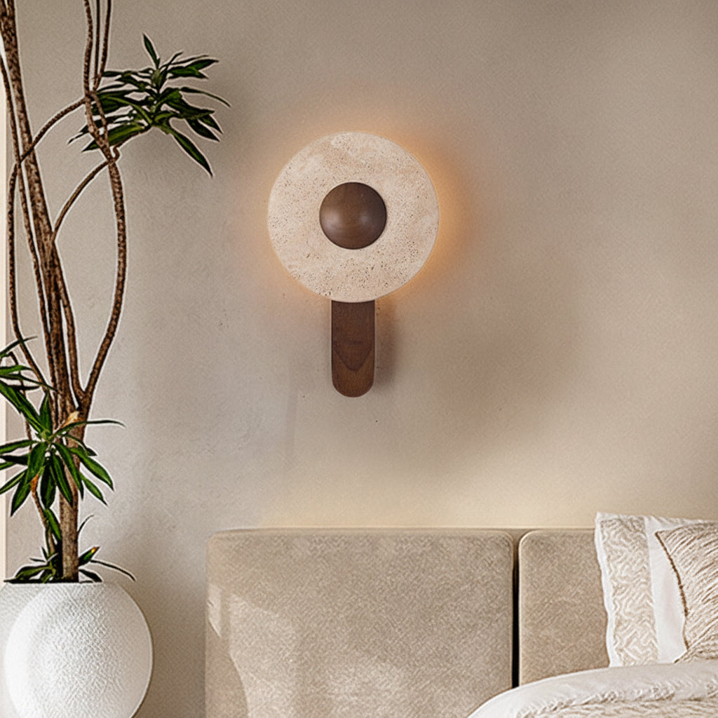 Travertine Stone LED Wall Sconce – Geometric Wood Lamp for Living Room & Bedroom