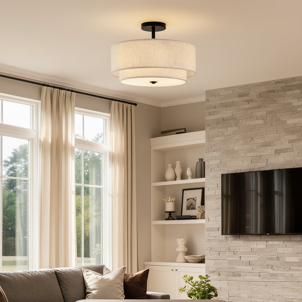 Minimalist Linen Round Ceiling Light – Semi-Flush Mount Bedroom & Living Room Lamp