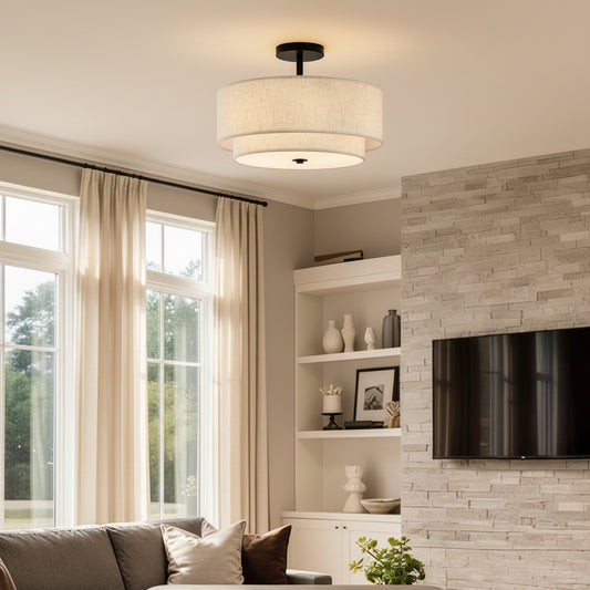 Minimalist Linen Round Ceiling Light – Semi-Flush Mount Bedroom & Living Room Lamp